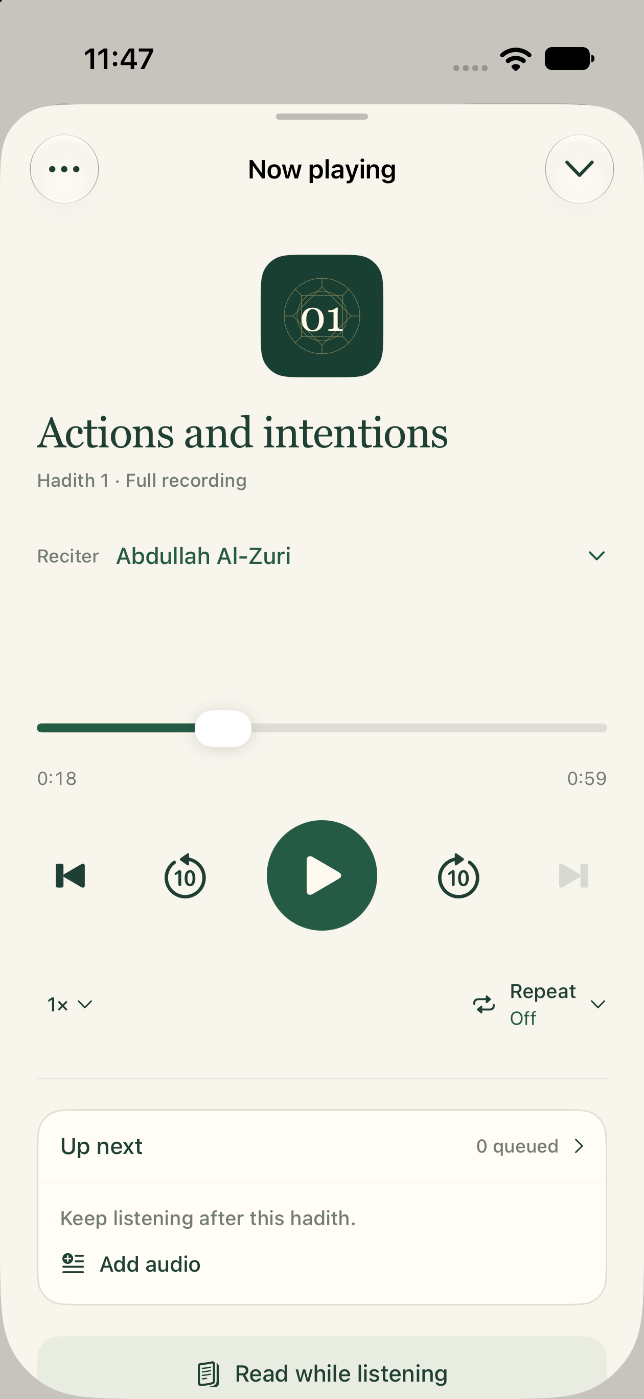 Native iOS player with reciter, speed, repeat and queue controls